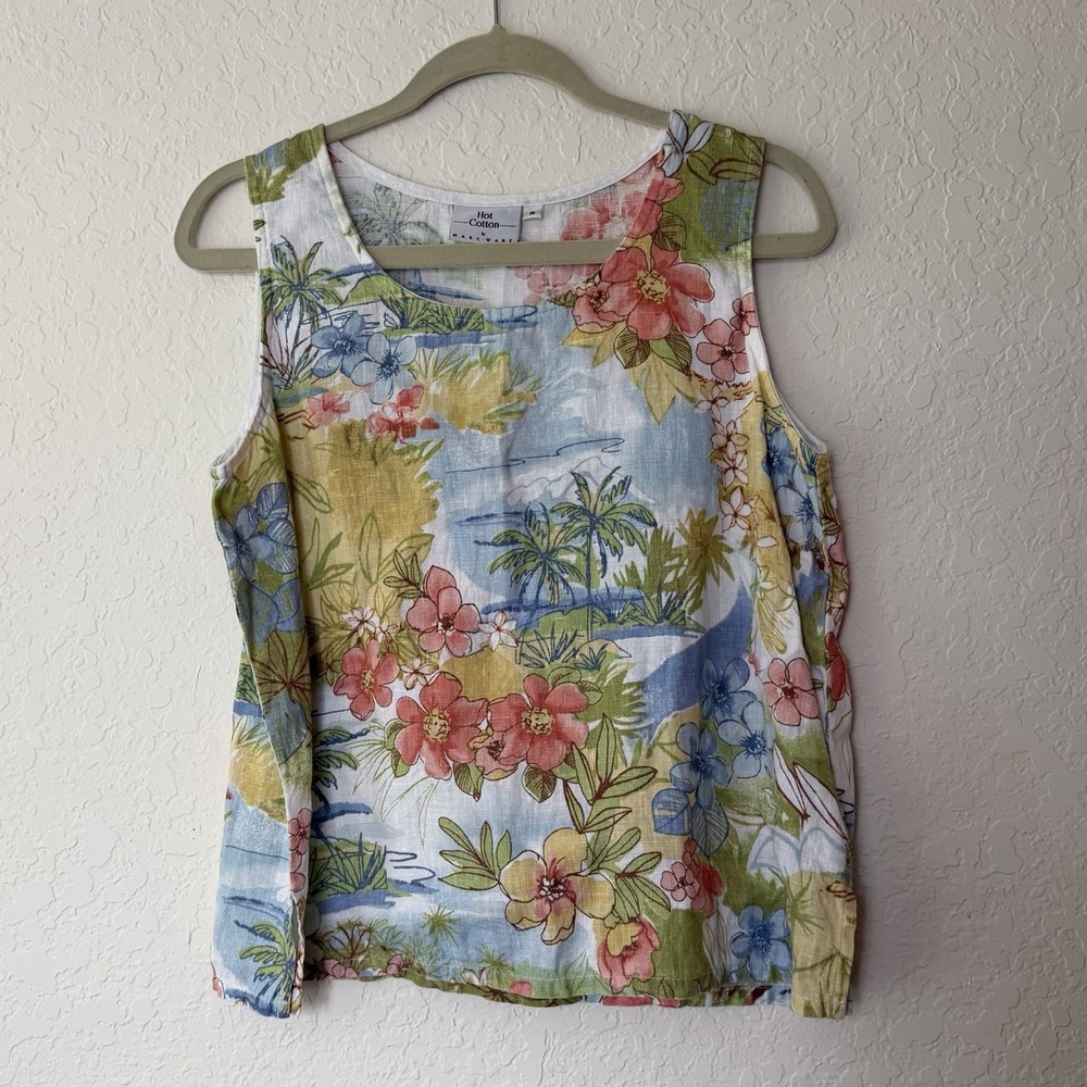 Hot Cotton 100% Linen Women Tank Top Small Hawaiian Tropical Floral Marc Ware